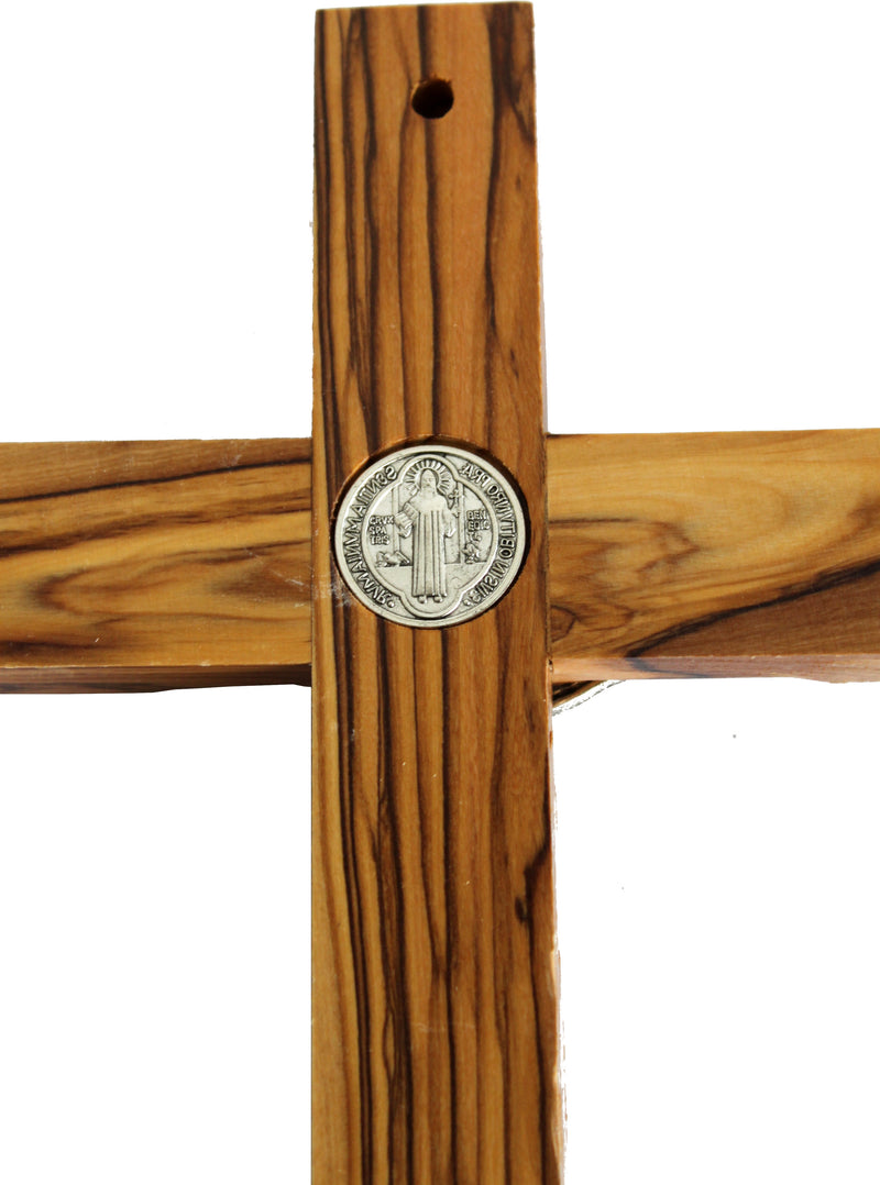 10" Wall Wood Cross St. Saint Benedict & Medal Holy Land Handmade Silver Plated Crucifix