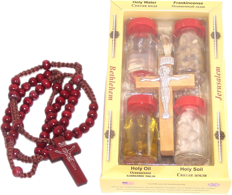 Holy Land Set 5in1 Olive Wood Cross Set with 3 Bottles - Oil, Jordan Water & Holy Earth