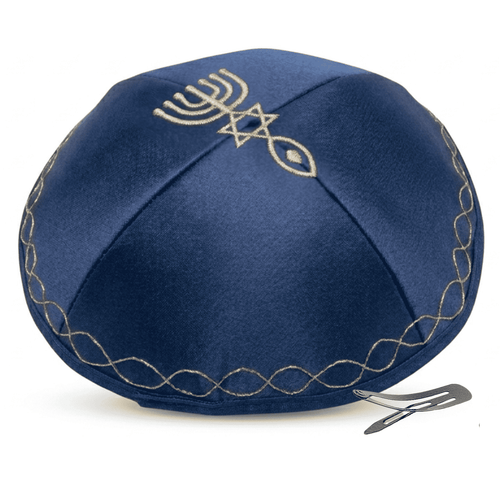 Kippah Judío Mesianico Bordado para Hombres del Mercado de Tierra Santa - Satén Azul Marino con Dorado, 6.5 Pulgadas