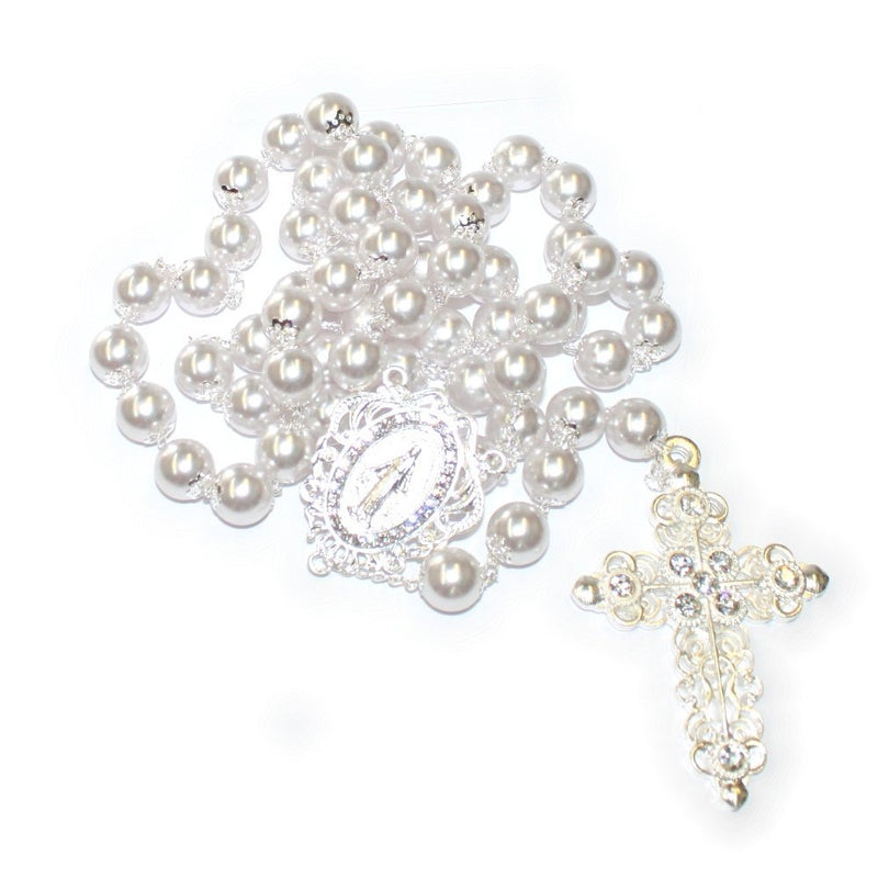 Bridal Silver Pearl Rosary - 14mm Pearl beads Rosary with Silver chain, Cross & Center. Glass beads are used in this Jewelry