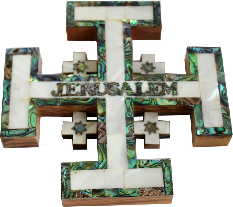 Holy Land Market Olive Wood Jerusalem Cross Covered with Mother of Pearls Shell - Small