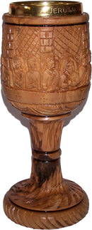 Holy Land Market Goblet - Last Supper Carved Chalice - Dark Olive Wood (8.8 Inches Large) - Cup Insert (4 Ounces Capacity)