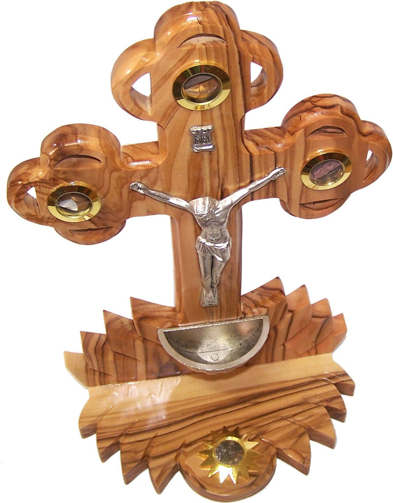 Table Olive Wood Cross/Crucifix with Holy Water Font - with Samples from The Holy Land (22 cm or 9 inches in Height)