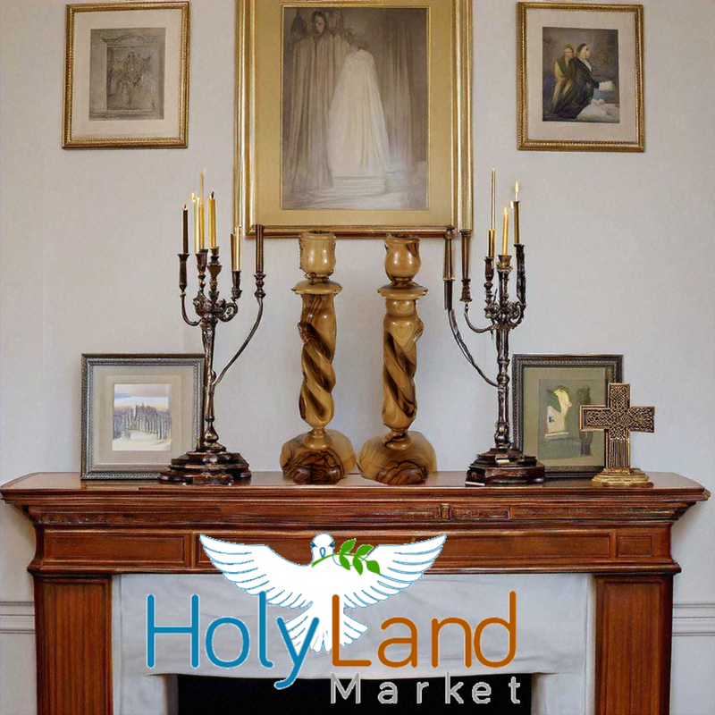 Holy Land Market Olive Wood Candle Holder Sticks - 9 Inch Taper Candle Holders, Hand Carved in Bethlehem, Inspirational Natural Swirl Grain, Christian Family Craftsmanship, 0.75 Inch Cup