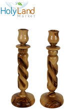 Candelabros de madera de olivo del Mercado de Tierra Santa - Candelabros de 9 pulgadas, tallados a mano en Belén, grano natural de remolino inspirador, artesanía familiar cristiana, copa de 0.75 pulgadas