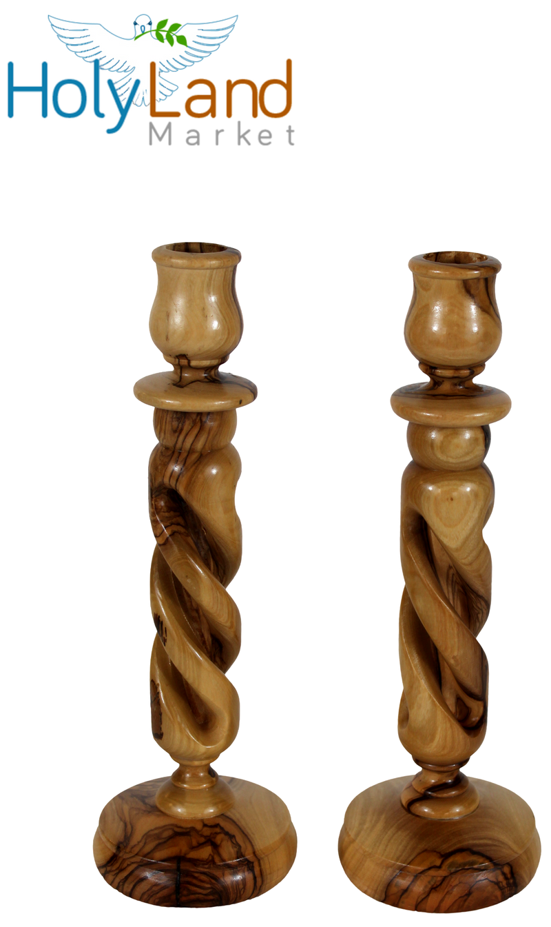 Holy Land Market Olive Wood Candle Holder Sticks - 9 Inch Taper Candle Holders, Hand Carved in Bethlehem, Inspirational Natural Swirl Grain, Christian Family Craftsmanship, 0.75 Inch Cup