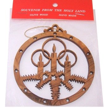 Christmas Candles Olive Wood Ornament - Laser Carving (9 cm or 3.5" Diameter)