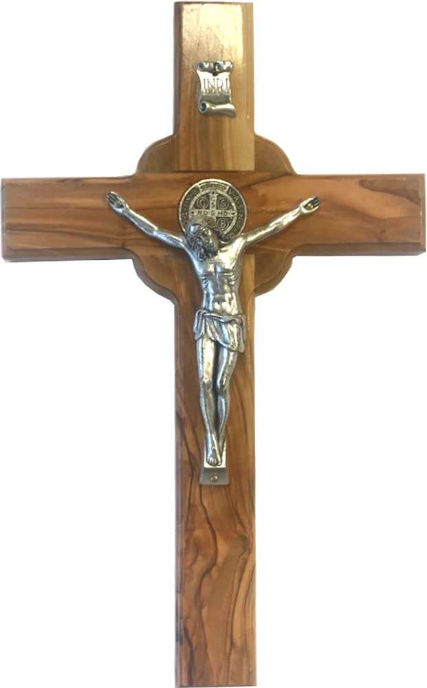 Front view, pale olive wood, silver corpus on quatrefoil disc with INRI plaque