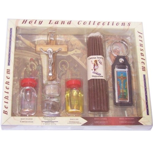 Holy Land Market Large Religious Sample Set with Certificate – Olive Wood Crucifix, 33 Candles, and Key Ring – Authentic Christian Gift from Bethlehem (8.5 inches long)