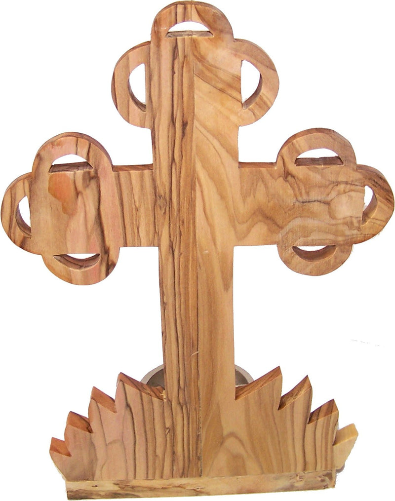 Table Olive Wood Cross/Crucifix with Holy Water Font - with Samples from The Holy Land (22 cm or 9 inches in Height)