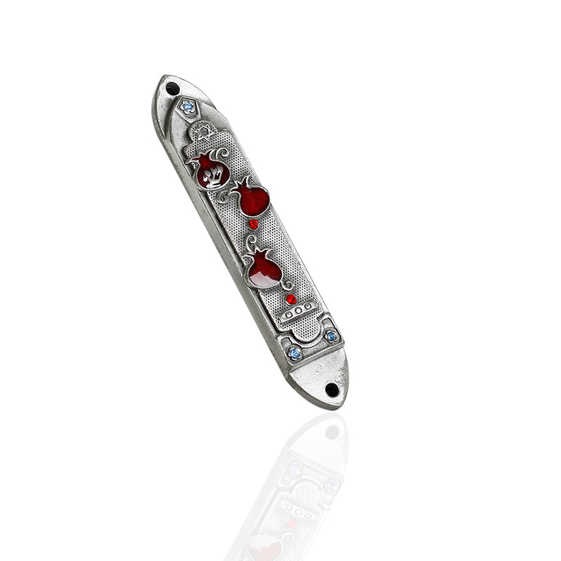 Pewter enameled Pomegranate with Blue and red and Blue Stones - Mezuzah (3.5 Inches with Scroll)