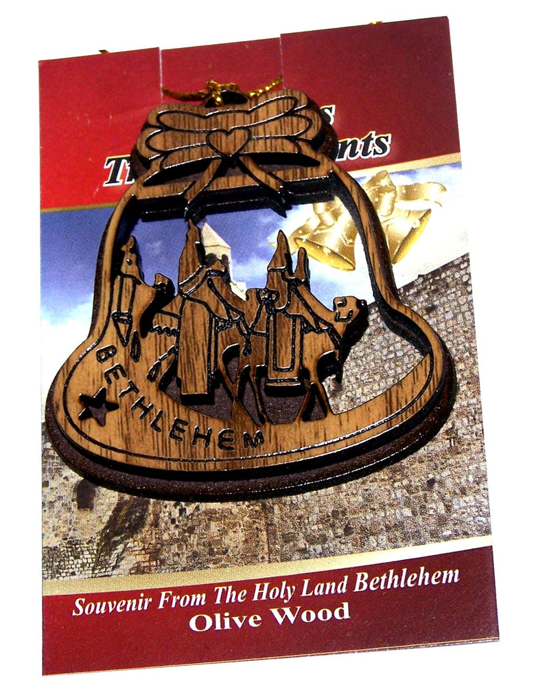 Holy Land Market Two Layers Mahogany with Olive Wood Magi Ornament Gift Carved by Laser - Olive Wood - Bell Shape (6.5 cm or 2.6 inch with Certificate) and Gold String