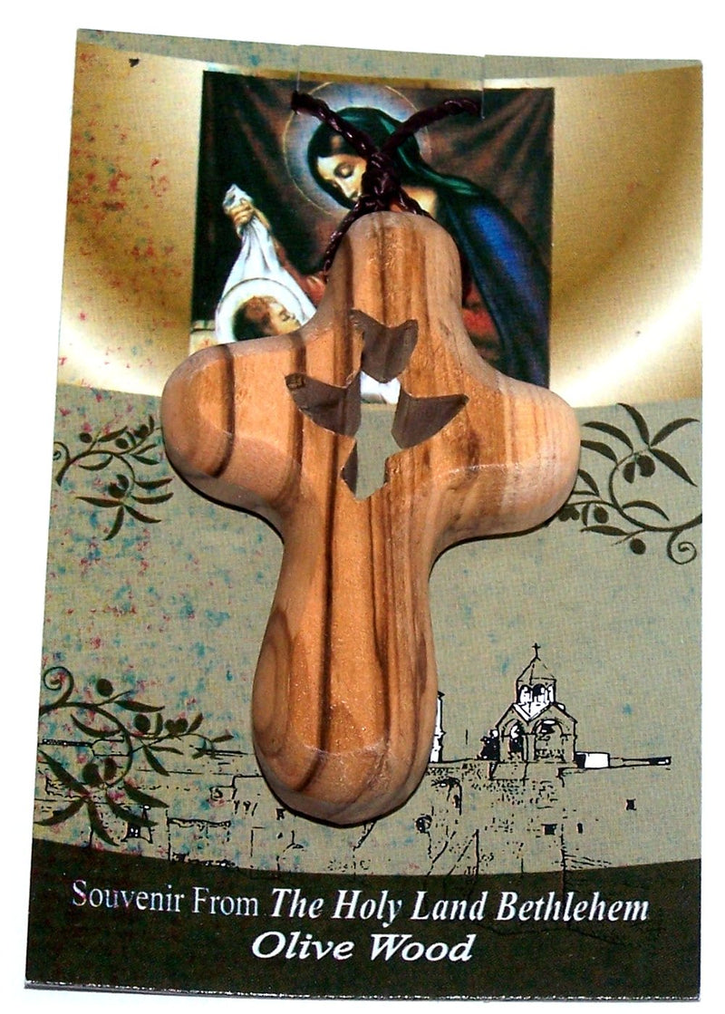 Holy Spirit The Comforter Olive Wood Comforting Cross Engraved with Dove - Necklace. Cross is About 2.5" and Comes with Certificate