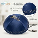 Holy Land Market Mens Embroidered Messianic Jewish Kippah - Satin Navy Blue with Gold, 6.5 Inches