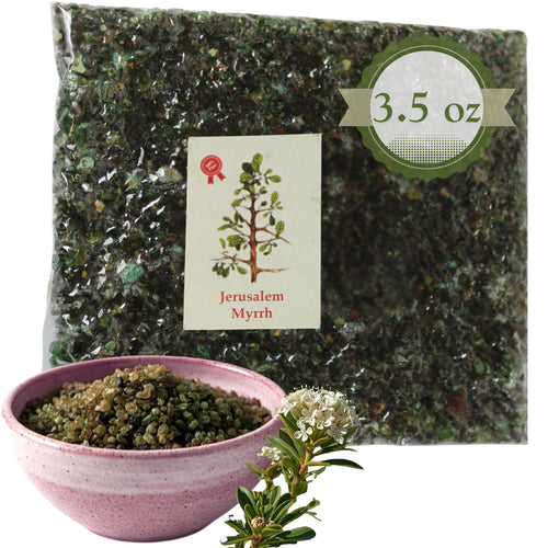 Sealed bag of dark green myrrh granules with pink bowl and myrtle sprig #color_myrrh