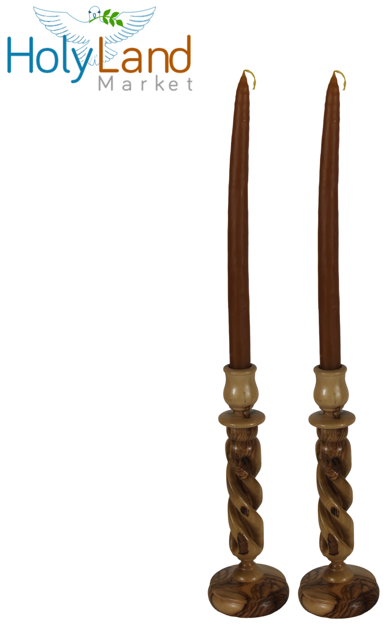 Holy Land Market Olive Wood Candle Holder Sticks - 9 Inch Taper Candle Holders, Hand Carved in Bethlehem, Inspirational Natural Swirl Grain, Christian Family Craftsmanship, 0.75 Inch Cup