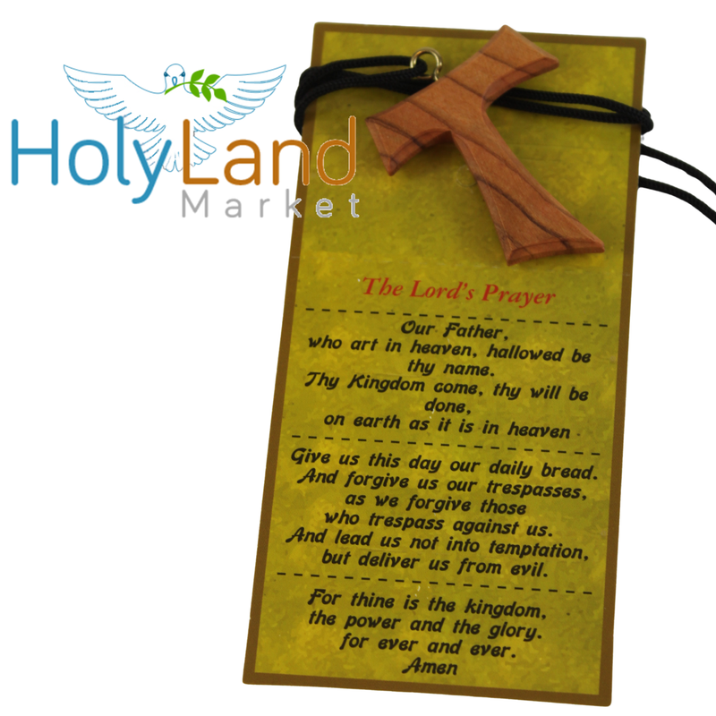 Holy Land Market Hand-Carved Olive Wood Tau Cross Necklace from Bethlehem – Made by Christian Artisans in the Holy Land, with Certificate of Authenticity & Lord’s Prayer Card – Wearable Pendant with 70cm Cord