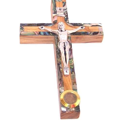 Crucifijo de estilo latino de madera de olivo grado A pequeño con decoración de madreperla (12 cm o 4.8 pulgadas)