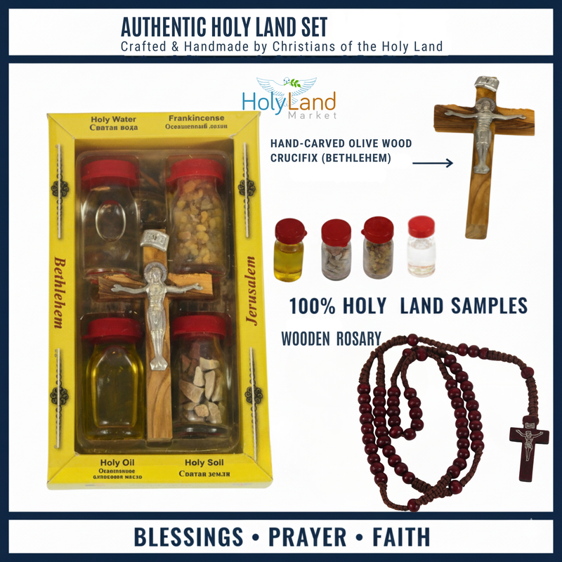Holy Land Set 5in1 Olive Wood Cross Set with 3 Bottles - Oil, Jordan Water & Holy Earth