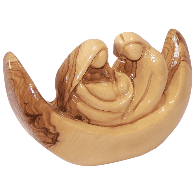 Familia Santa de madera de olivo del Mercado de Tierra Santa en barco – Tallado a mano por cristianos en Belén – Figura de María, José y el Niño Jesús con certificado de autenticidad, tarjeta de oración y folleto de la historia de la Natividad