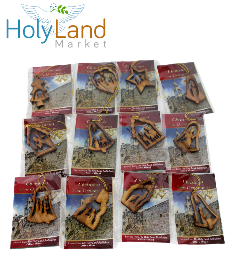 Holy Land Market Olive Wood Ornaments - Set of 12 Flat Christmas Decorations with Nativity Story Booklet, Inspirational Hand Carved Christmas Decor, Christian Christmas Ornaments from Bethlehem