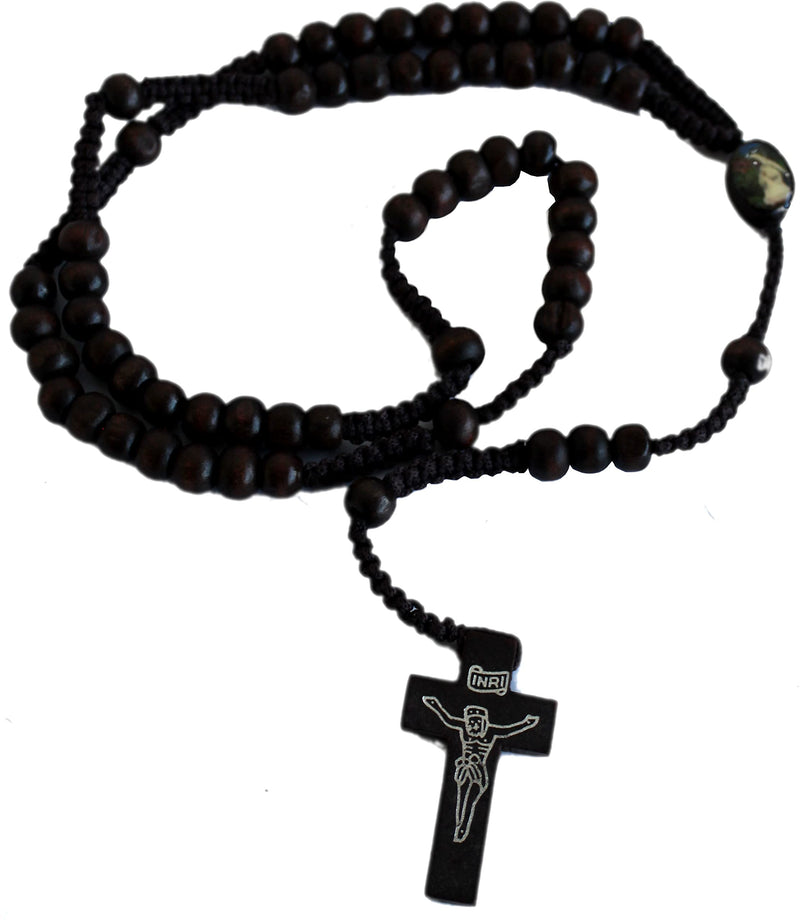 Holy Land Market Dark Brown Wooden Beads Rosary with Enameled Icon Bead with Jesus Imprint Cross