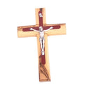 Holy Land Market Two tone olive wood Crucifix with Pewter grade Corpus - 14cm - 5.5 inches with Certificate and Lord's prayer card