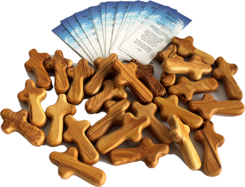 Holy Land Market 6 Small Olive Wood Pocket/Holding Crosses - 2.75 Inches each with Certificate from Bethlehem