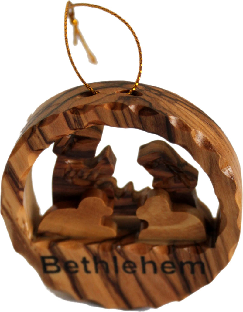 Holy Land Market Hand Carved Thick Olive Wood Tree Ornament Gift - with Certificate and Gold String ( 2.5 Inches in Diameter )