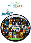 Holy Land Market Jerusalem View Ceramic Kiddush Cup Set with Matching Plate, Traditional Design, 7 oz Wine Goblet for Shabbat and Seder, 5.5 inch