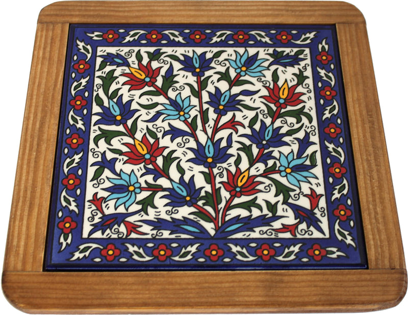 Holy Land Market Extra Large Ceramic Coaster Trivet - Hot Plate - Shades of Blue Flowers ( 25cm or 9.75 Inches )