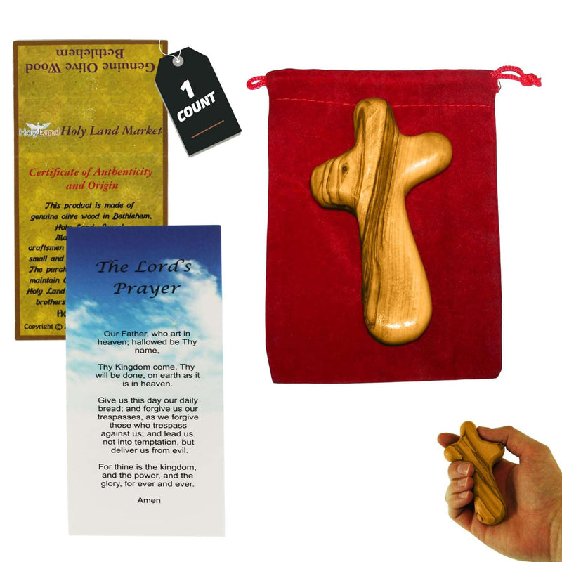 Olive wood comfort holding cross with red velvet bag, certificate and prayer card