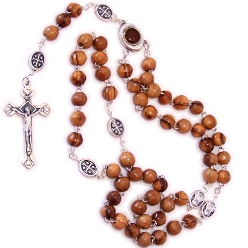 Olive Wood Beads Rosary Made with Silver Tone Our Father Beads and Soil Rosary Center from The Holy Land. Comes with Gift Bag and Certificate