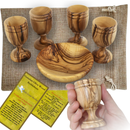 Holy Land Market 4 x 3" Olive Wood Communion Cups & 4" Bread Plate Set – Hand-Carved in Bethlehem – Includes 4 Kiddush Goblets with Matching Tray for Church Worship, Pastors & Ministries