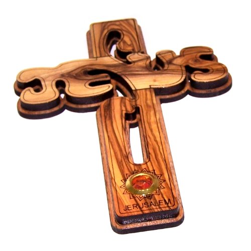 Holy Land Market Jesus Name Olive Wood Cross Carved by Laser with Incense Sample- Hanging or Standing (16 cm or 6 inches) Small/Certificate