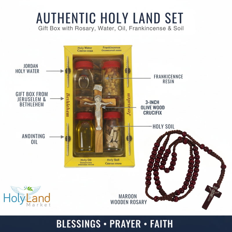 Holy Land Set 5in1 Olive Wood Cross Set with 3 Bottles - Oil, Jordan Water & Holy Earth