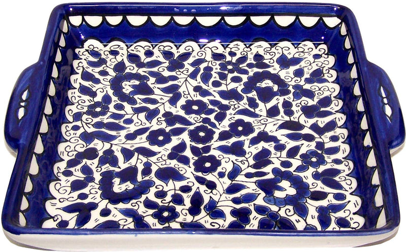 Holy Land Market Armenian Ceramic Blue Jerusalem Flowers square bread Plate - 9.5 Inches - Asfour Outlet Trademark