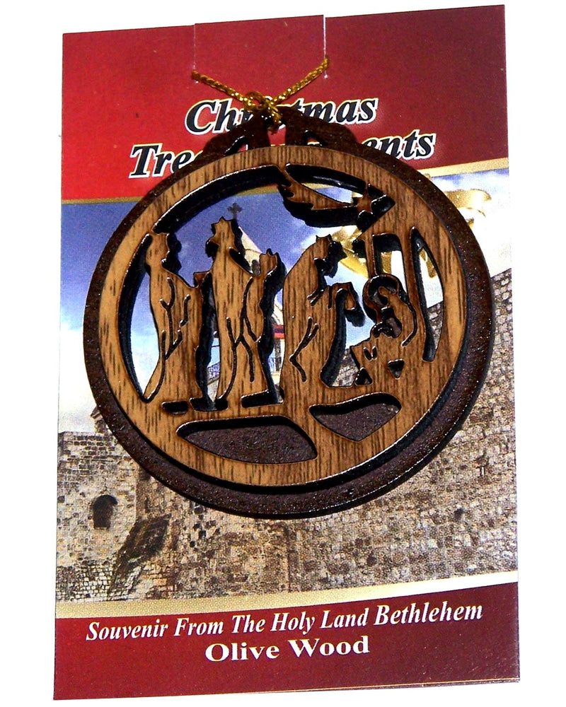 Holy Land Market Two Layers Mahogany with Olive Wood Magi offering Gifts to The New Born Messiah Ornament Gift Carved by Laser - Olive Wood (6.5 cm or 2.6 inch with Certificate) and Gold String