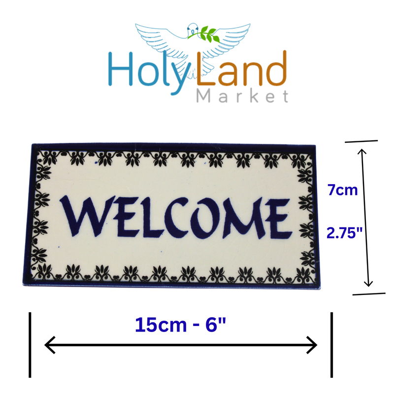 Holy Land Market Welcome Painted Tile from Jerusalem - 6x3 Inches - Asfour Outlet Trademark