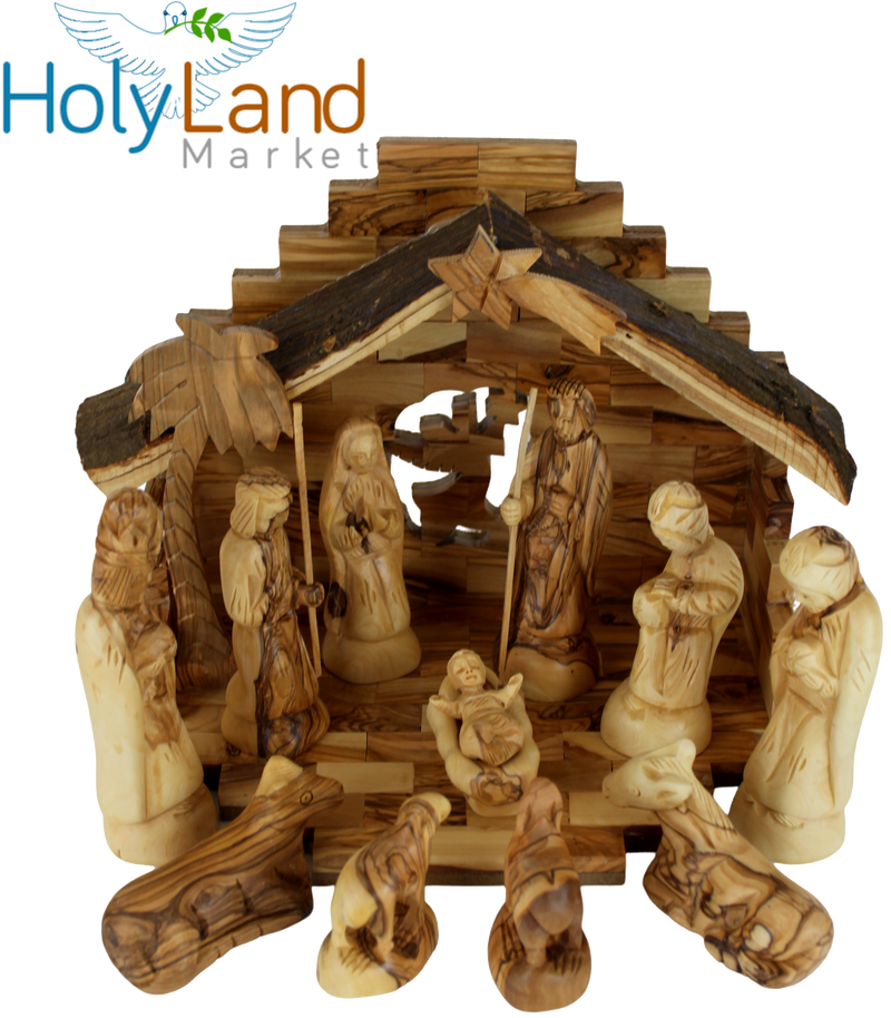 Holy Land Market Olive Wood Nativity Set - Inspirational Christmas Decorations Indoor, Hand Carved Nativity Set for Christmas Table Decor, Bethlehem Olive Wood, Christian Home Gift