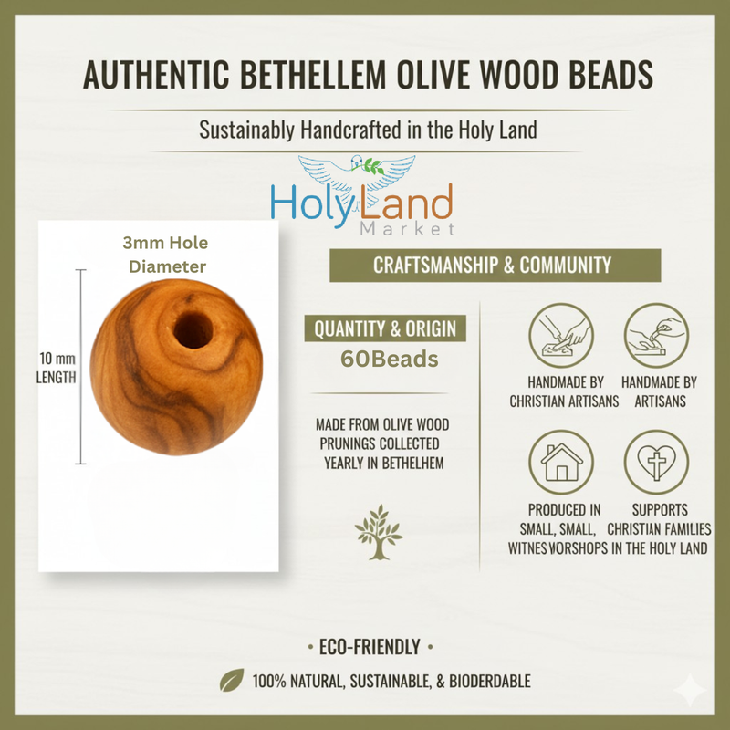 Holy Land Market Bethlehem 10mm Smooth Olive Wood Beads (60-Piece Bag) – Hand-Carved by Christian Artisans – Natural Dried Olivewood for Rosaries, Jewelry Making & Crafts