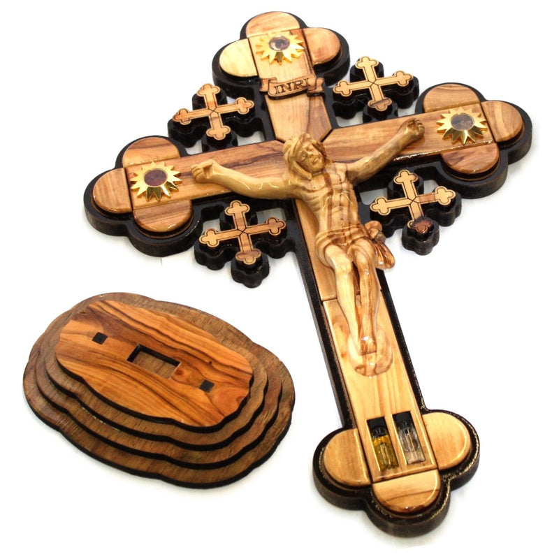 Layered Olive Wood Cross Carved by Laser with Holy Land Samples - Standing or Hanging (14 inches or 35 cm) Large/Certificate