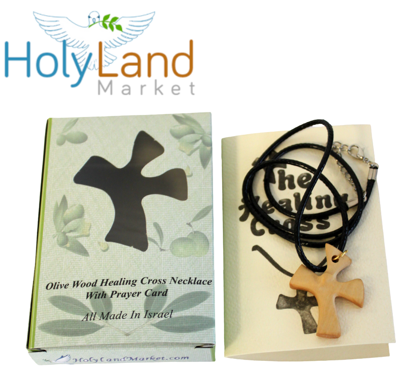 Olive wood Healing Cross Necklace - with Prayers (1.6 x 1.2 inches) Expandable Leather Necklace