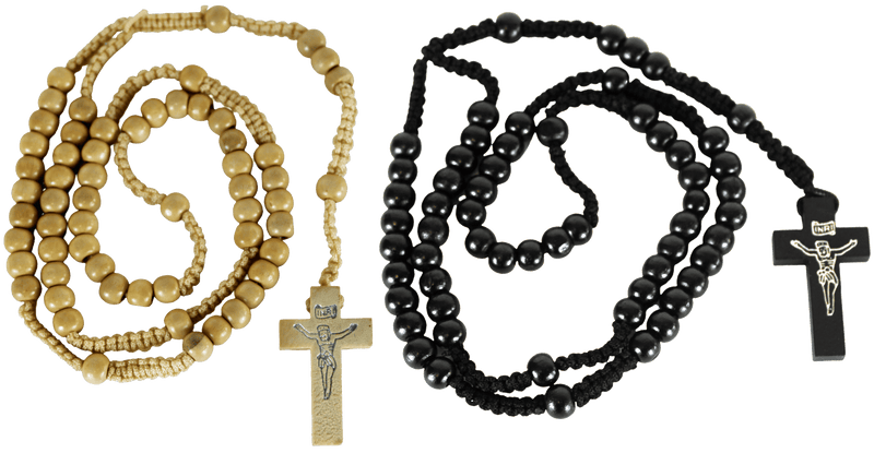 Pair of Black and Beige Wooden Rosaries with Two Velvet Bags - Colored Wooden Beads Rosary Necklaces with Jesus Imprint Cross
