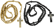 Pair of Black and Beige Wooden Rosaries with Two Velvet Bags - Colored Wooden Beads Rosary Necklaces with Jesus Imprint Cross