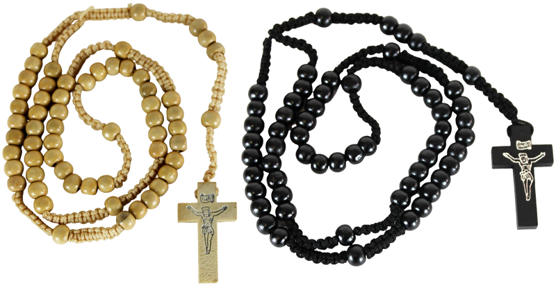 Pair of Black and Beige Wooden Rosaries with Two Velvet Bags - Colored Wooden Beads Rosary Necklaces with Jesus Imprint Cross