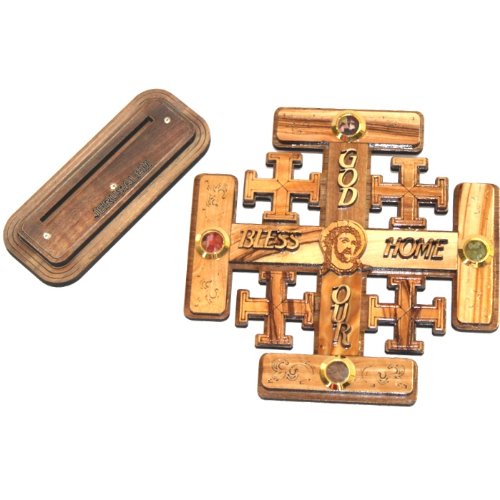 Jerusalem Cross Olive Wood Cross Carved by Laser with Holy Land Samples - Standing or Hanging (14 cm or 5.5 inches)