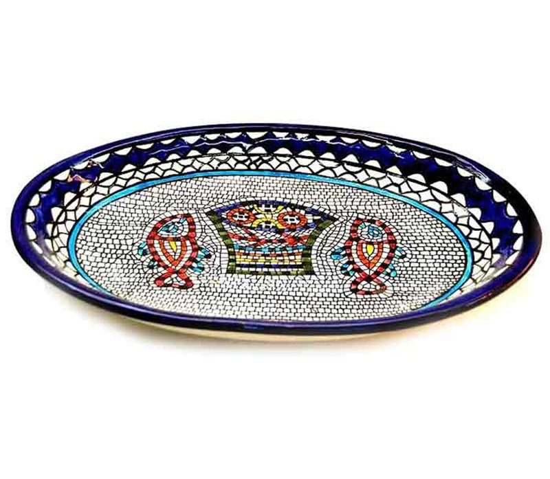 Armenian Hand Painted Fish and Bread Miracle Serving Oval Ceramic Bowl - Extra Large (15.5 Inch Long by 10.5 Inches Wide by 1.5 Inches deep) - Asfour Outlet Trademark