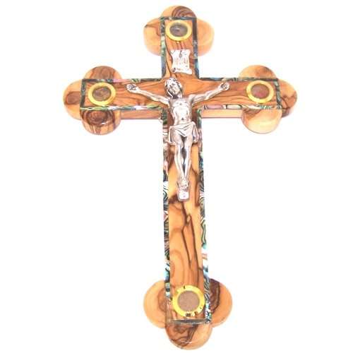 Crucifijo de 14 estaciones - Olivo con madreperla y muestras de Tierra Santa (35 cm - 13 pulgadas)