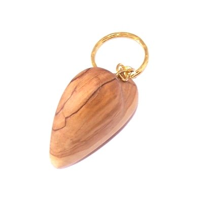 Heavy Jerusalem Olive Wood Carved Heart Key Chain or ring - 2 inches long and 1 inch thick